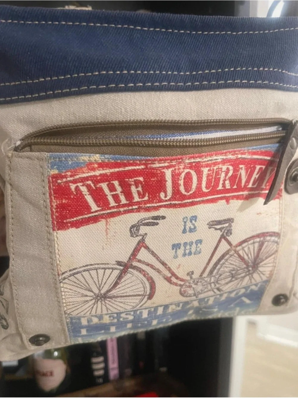 Clea Ray Canvas Crossbody Bag with Bicycle Print - Blue & Cream